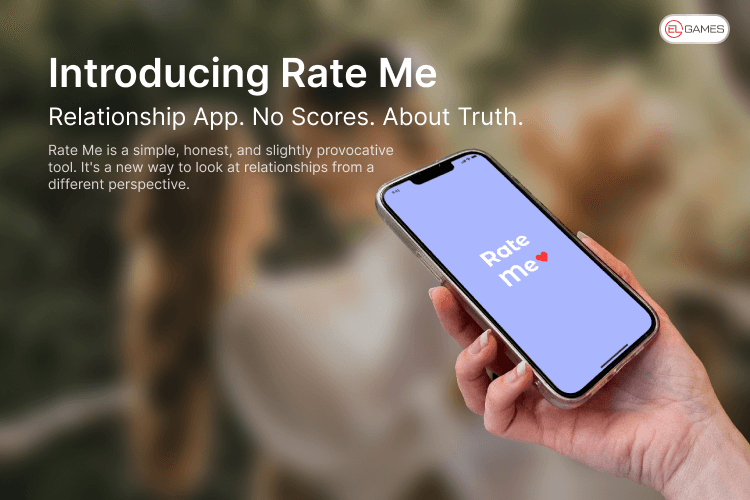 Rate Me mobile relationship game interface showing 15 meaningful questions designed to spark honest conversations and deeper connection between partners.